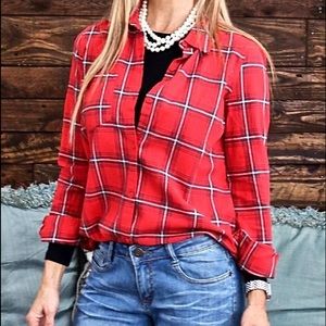 Red plaid button down top